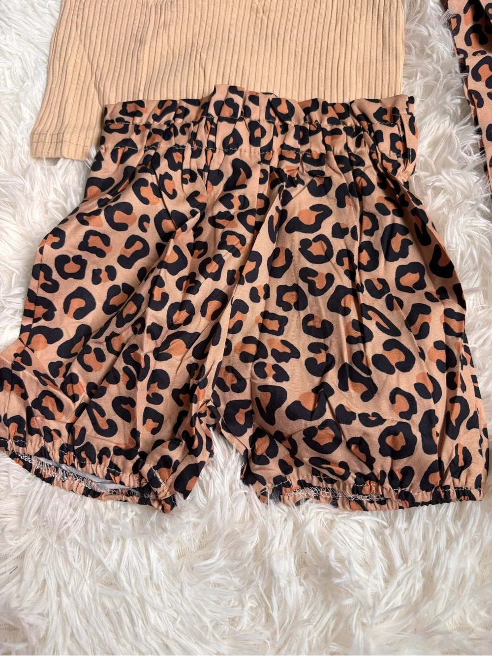 Kids One-Shoulder Ribbed Tank and Leopard Shorts Set - Beige
